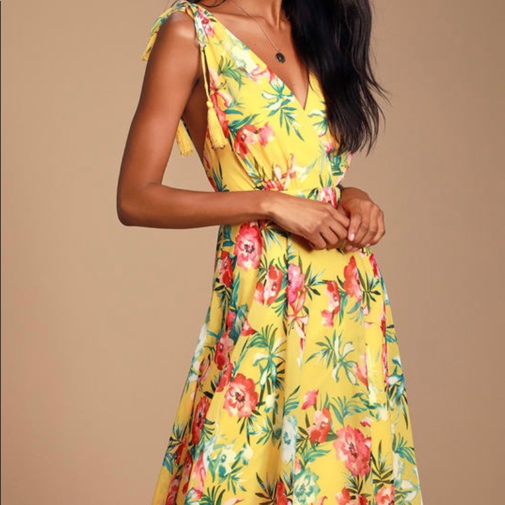 Yellow tropical floral midi dress